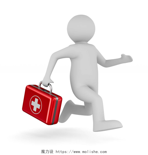 3d动画白色小人手提红色医药箱医生在白色背景的急救箱。隔离 3d illus